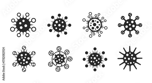 A collection of diverse microscopic virus illustrations in a black and white artistic style.