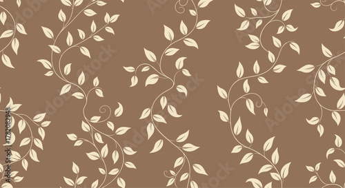 A delicate pattern of light beige leaves and branches on a textured brown background suggesting organic growth and natural beauty.