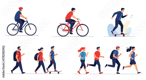 A collection of people engaging in various outdoor recreational activities and urban transportation options.