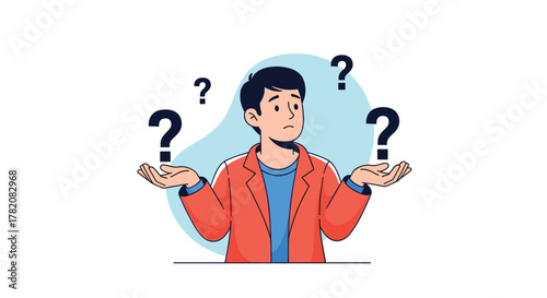 A person stands with open hands and question marks above their head expressing confusion or uncertainty.