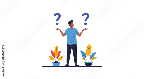 A person is trying to make a decision between two options with question marks above.
