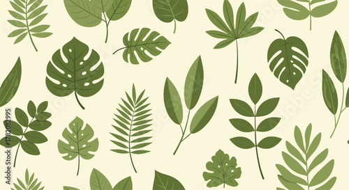 A diverse collection of green leaves in various shapes and sizes on a light background.