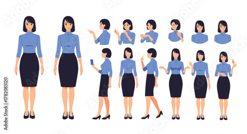 Business woman character animation design set in multiple poses.
