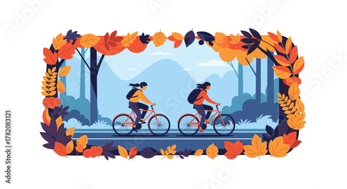 Two people enjoying a scenic autumn bike ride through a colorful forest.