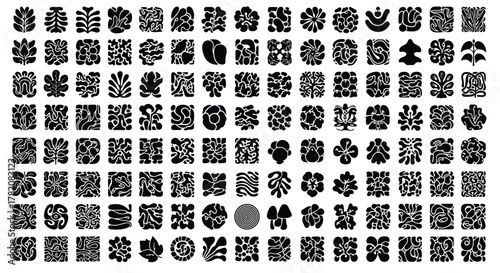 A diverse collection of abstract geometric patterns and symbols arranged in a grid.