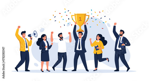 A team of jubilant people celebrating a significant achievement together with a trophy and confetti.