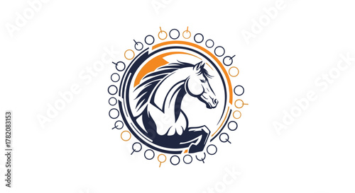 Majestic horse symbol representing strength freedom and untamed spirit in a circular frame of abstract patterns and natural elements.