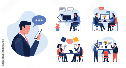 Illustrations depicting people engaged in various forms of communication and business collaboration through digital and in-person interactions.