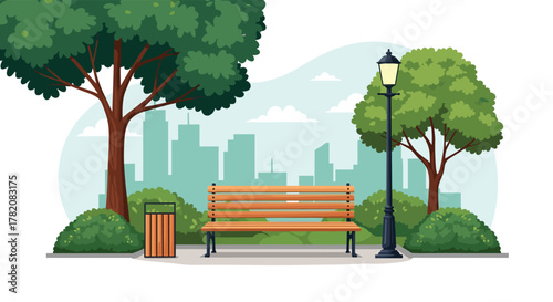 A peaceful urban park scene with a wooden bench a lamppost and lush green trees on a sunny day.