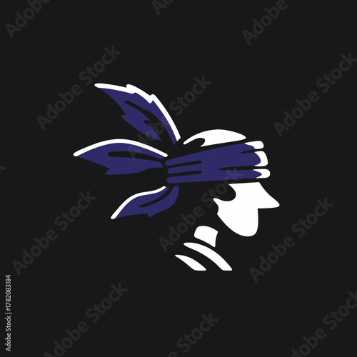 Stylized human head profile illustration with blindfold and decorative headscarf, a graphic vector depicting themes of mystery or rebellion.