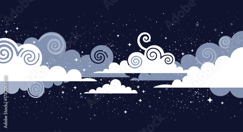 Enchanting pixel art depicts a serene night sky filled with swirling clouds and sparkling stars.