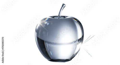 Glass apple sculpture with shiny surface and reflective details  