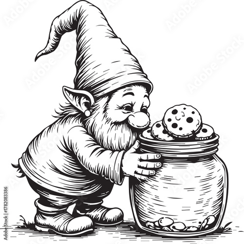 A whimsical garden gnome savors the tempting aroma of freshly baked cookies, drawn in photorealistic detail, evoking childhood nostalgia and the simple pleasures in life.