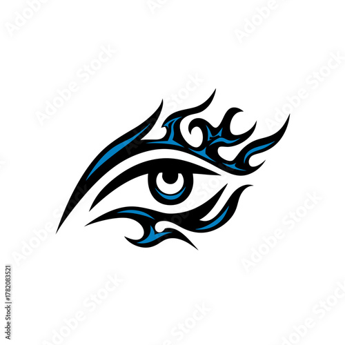 Stylized tribal eye illustration with black and blue flame-like patterns on a white background, representing vision and mysticism.