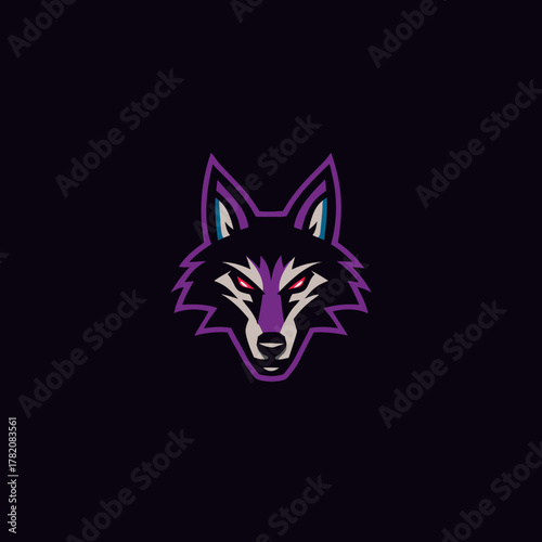 Intense stylized wolf head illustration with sharp red eyes, powerful purple and black design, perfect for a modern mascot logo.