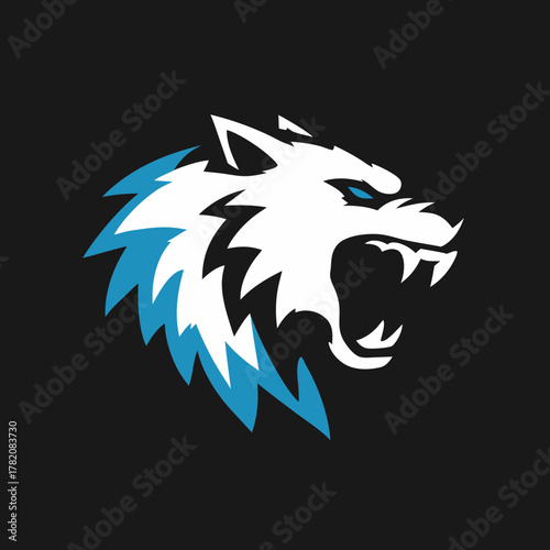 Fierce White Wolf Head Mascot Logo Vector Illustration with Glowing Blue Eyes and Sharp Teeth for Gaming, Sports, and Esport Teams.