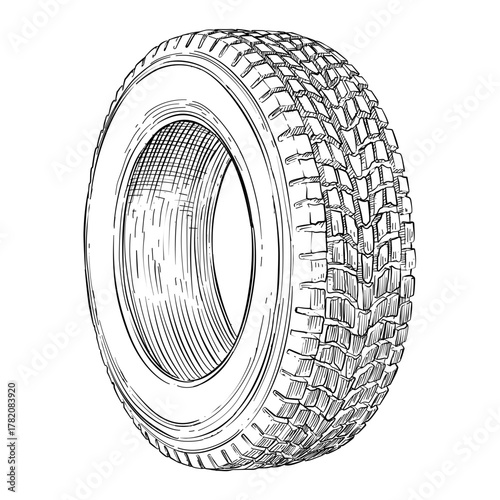 car tire vector line art hand drawn illustration