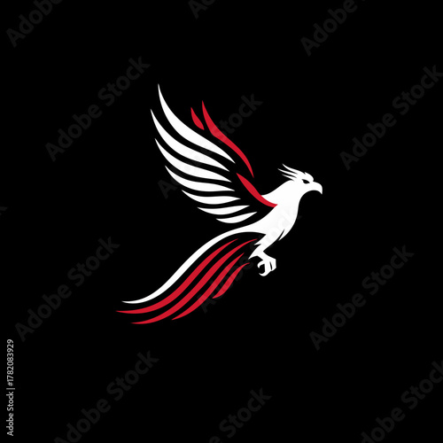 Majestic phoenix bird in flight illustration with white and red stylized feathers on black. Mythical creature symbolizing rebirth, power.