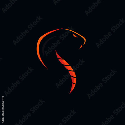 Sleek glowing orange cobra head illustration on dark background, modern stylized snake logo design concept