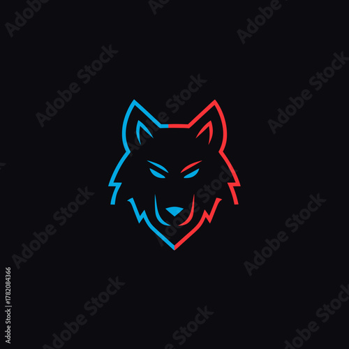 Anaglyph style wolf head icon illustration with vibrant red and blue neon glow on a dark background. Modern digital animal graphic design.