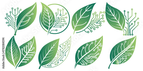 Various leaf designs showcase intricate patterns of circuits and technology, emphasizing the connection between nature and modern advancements. The designs represent sustainability and innovation.