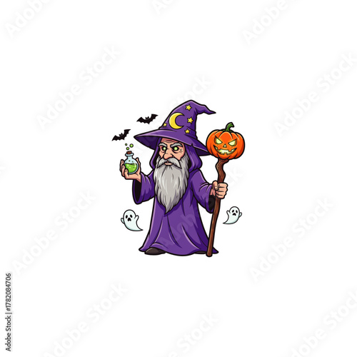 Old wizard holding potion and staff icon flat vector design.