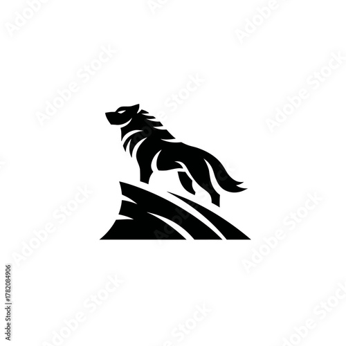 Majestic black wolf standing proudly on a rock, powerful wild animal symbol. Graphic vector illustration icon design.