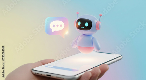 Wallpaper Mural A minimalist 3D robot character, colored in soft blue and pink, floats above a smartphone screen held in a hand. The friendly robot features a glowing blue smiley face and is accompanied by a radiant, Torontodigital.ca