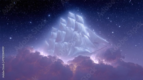 Digital illustration of a ship sailing in the night sky. the ship is in the center of the image, with its sails billowing in the wind.