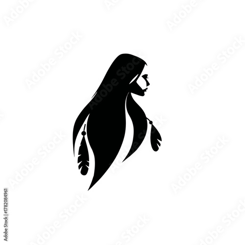Strong woman silhouette with long flowing hair and decorative feathers. Minimalist tribal spirit female profile vector illustration.
