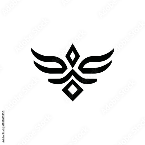 Abstract symmetrical geometric emblem with stylized wings and diamond shapes. Modern elegant graphic design isolated on white.