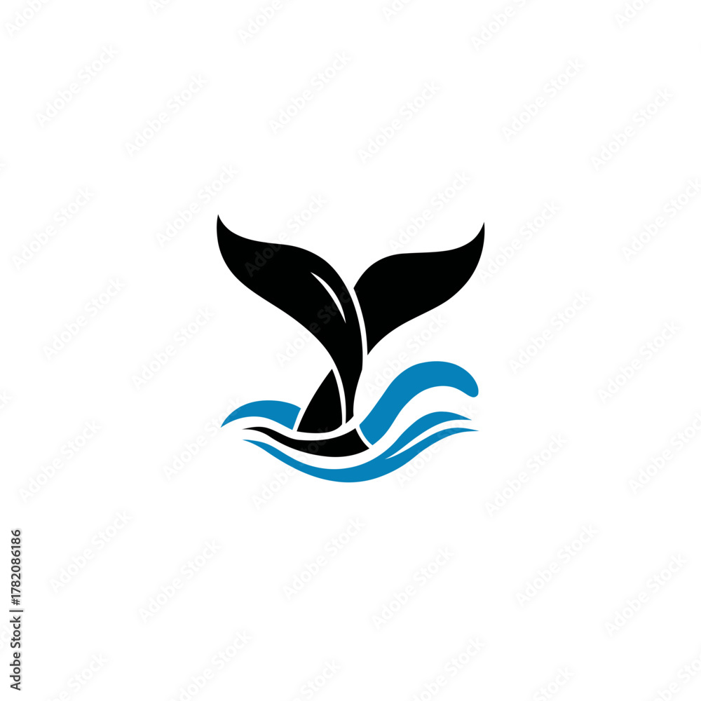 Fototapeta premium Whale tail diving in ocean waves, abstract minimalist graphic design, marine animal symbol, vector illustration icon