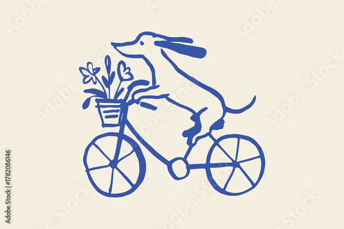 Dog riding bicycle with flower basket, hand-drawn sketch vector