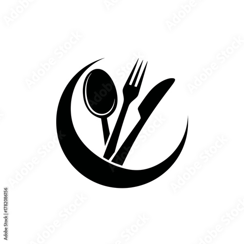 Elegant dining cutlery icon with spoon, fork, and knife inside a crescent shape, perfect for restaurant logos and menus.