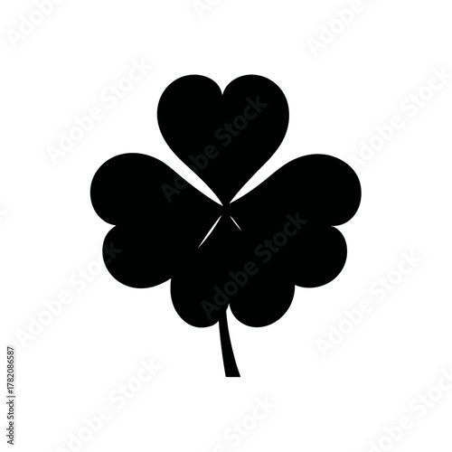 Black Three-Leaf Clover Silhouette Icon. Simple vector graphic symbol of luck and nature. Minimalist shamrock illustration on white.