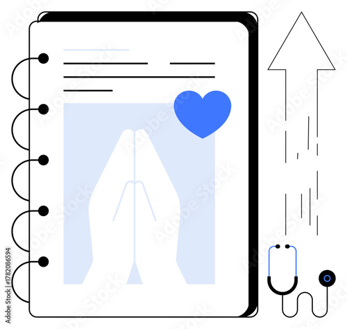 Open notebook with praying hands, stethoscope, upward arrow, blue heart image. Ideal for healthcare, spirituality, wellness, growth compassion medical progress positive outreach. Simple flat