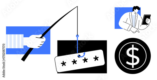 Fishing rod with password bait, businessman analyzing tablet, dollar sign indicating financial risk. Ideal for cybersecurity, digital privacy, online scams, identity theft, phishing, fraud awareness
