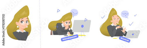 Cartoon Vector Illustration of a Business Lady Character. Bust Avatar and Two Scenes Showing Focused Work at the Computer and Relaxed Manicure Moment with Laptop, Representing Balance and Confidence.