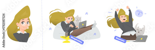 Cartoon Vector Illustration of a Successful Business Woman and her Cat. Scene 1: Working Creatively on Laptop, Cat Observing. Scene 2: Joyful Celebration of Success and Achievement.