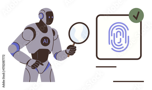 Robot with AI label holding magnifying glass examines fingerprint icon on screen with checkmark. Ideal for technology, cybersecurity, biometrics, AI innovation, identity verification, data