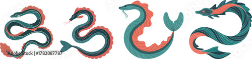 Stylized Sea Serpent and Dragon Eel Vector Set: Mythical Marine Creature Illustration Collection