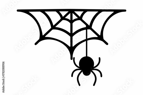 spider web hanging spider silhouette vector, spider web hanging spider black icon