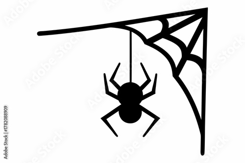 spider web hanging spider silhouette vector, spider web hanging spider black icon