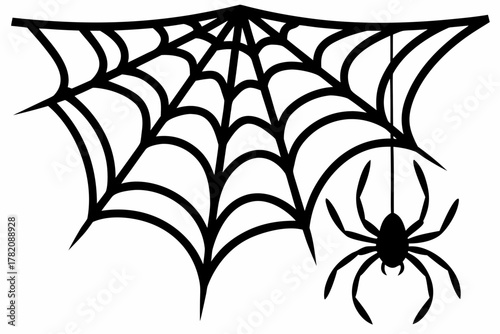 spider web hanging spider silhouette vector, spider web hanging spider black icon
