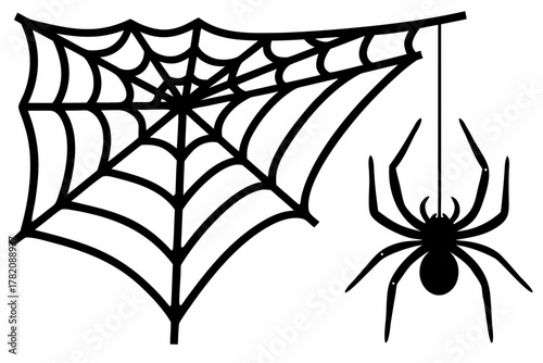 spider web hanging spider silhouette vector, spider web hanging spider black icon