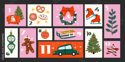 Winter advent calendar in retro cartoon groovy style. Printable template with Christmas and New Year festive elements. Holiday countdown calendar. Vector illustrations