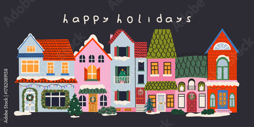 Merry Christmas and Happy New Year retro banner design with colorful festive houses, snow and Christmas trees. Cozy winter outside retro house card. Traditional winter holidays vector illustration
