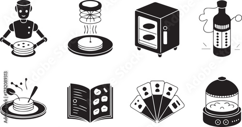 Automated cooking food preparation robotic chef kitchen appliances and culinary technology pictogram collection