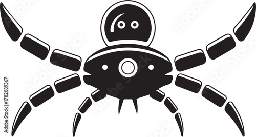 Black and white icon of futuristic insectoid robot with six segmented legs and large eyes
