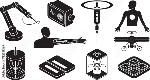 Biotechnology and robotics industrial icons set featuring medical devices and automation vector art
